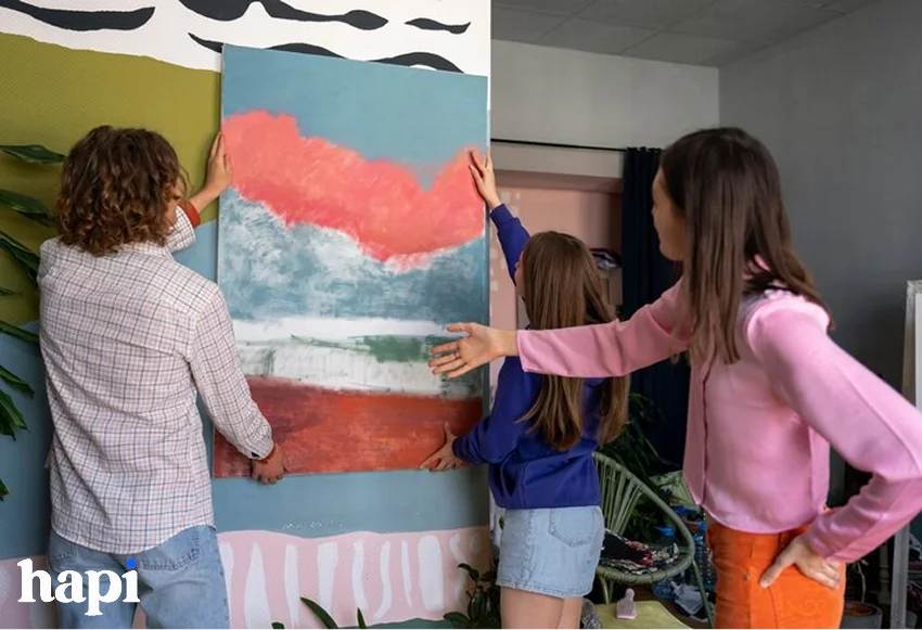 two people hanging an art piece