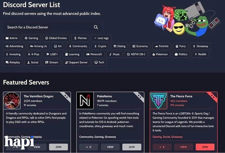 a Discord server list