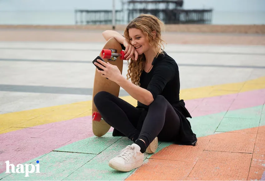 an influencer checking her comments while skating