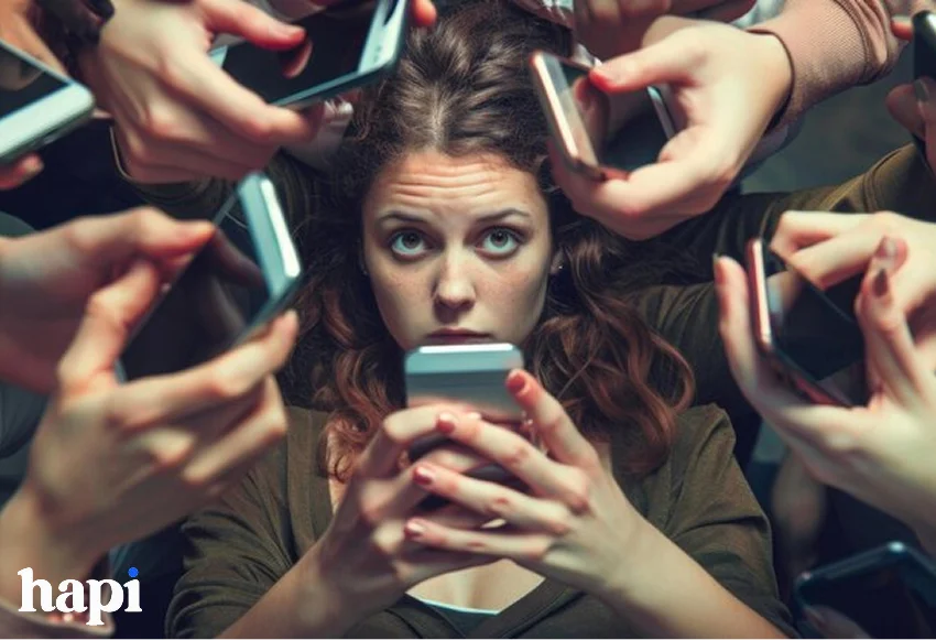 a worried girl scrolling on social media