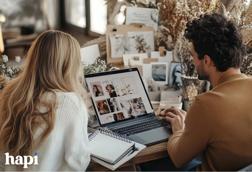 two people working behind a laptop