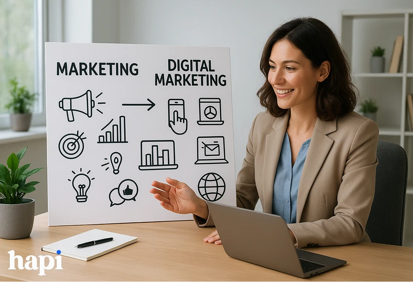 a girl explaining about digital marketing