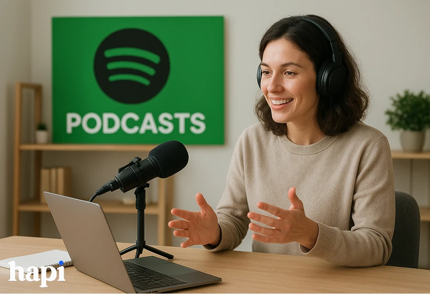 a woman broadcasting a Spotify podcast