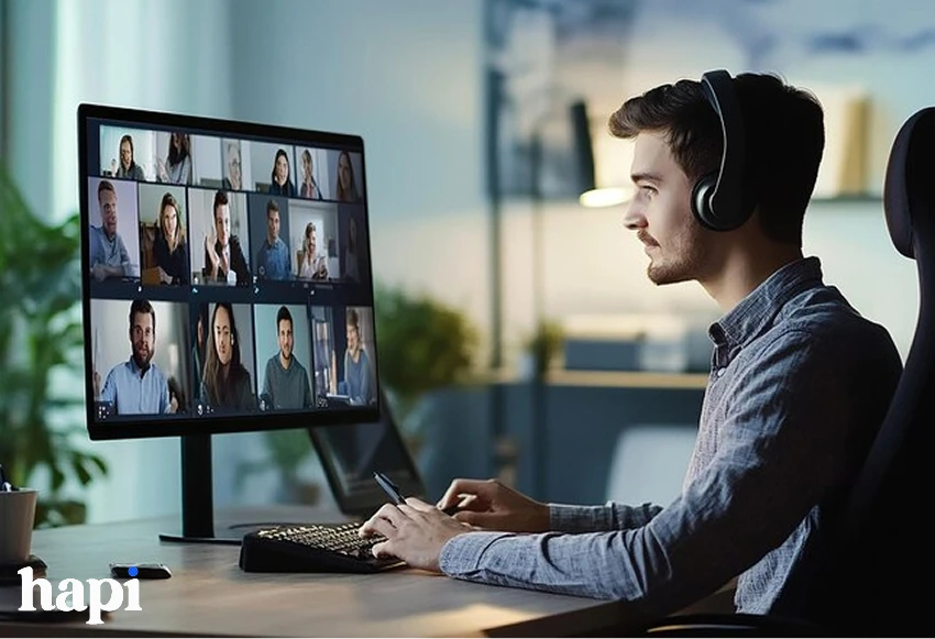 an employee having video call with other team members