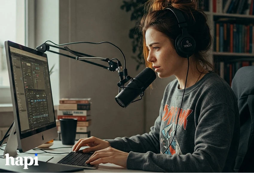 a woman working on a podcast