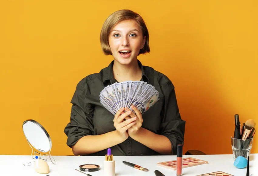 An influencer being happy counting money