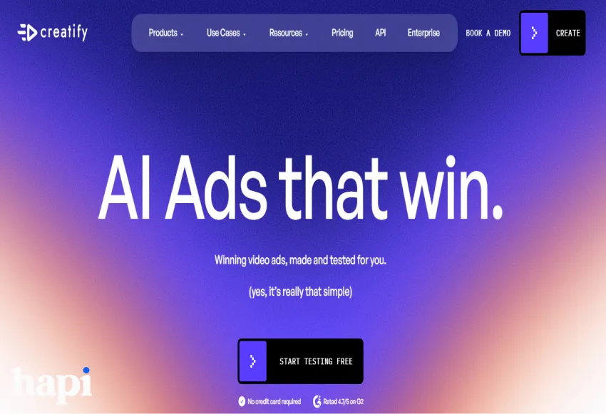 the first page of the creatify AI website