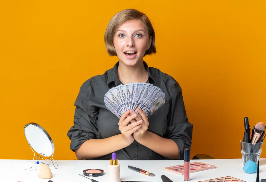 a beauty influencer with money in hand