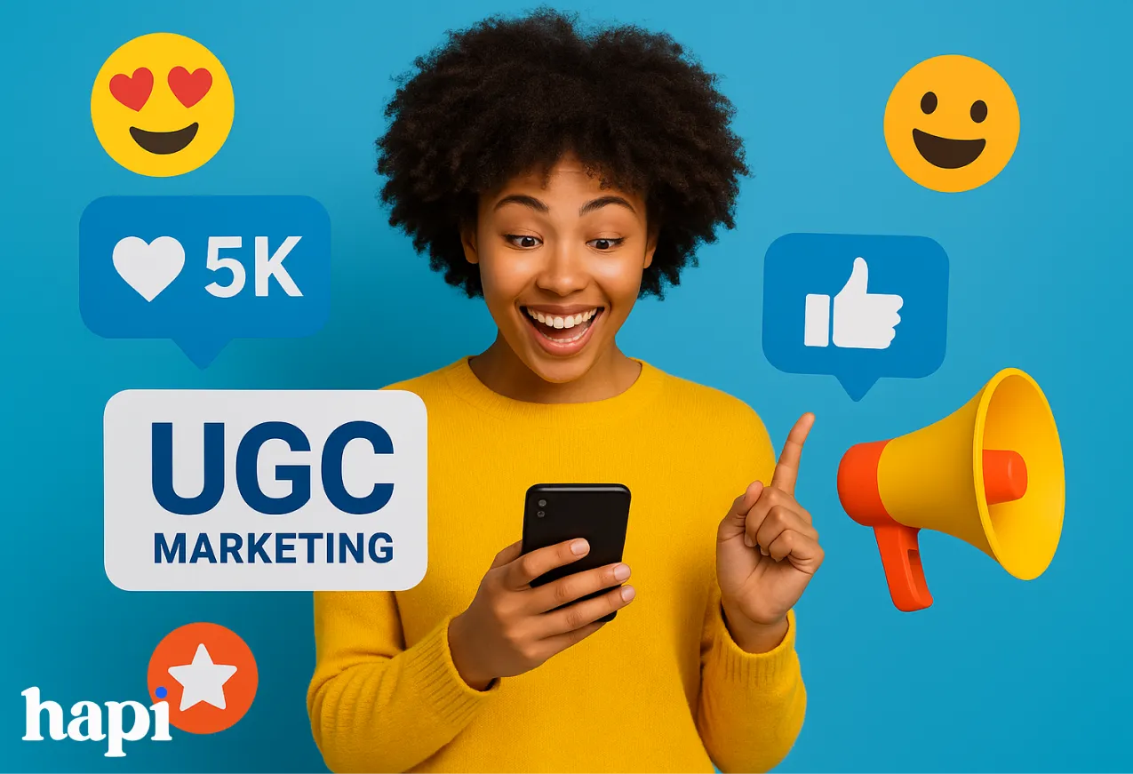a black woman looking at a phone looking like she is happy about reading a user generated review