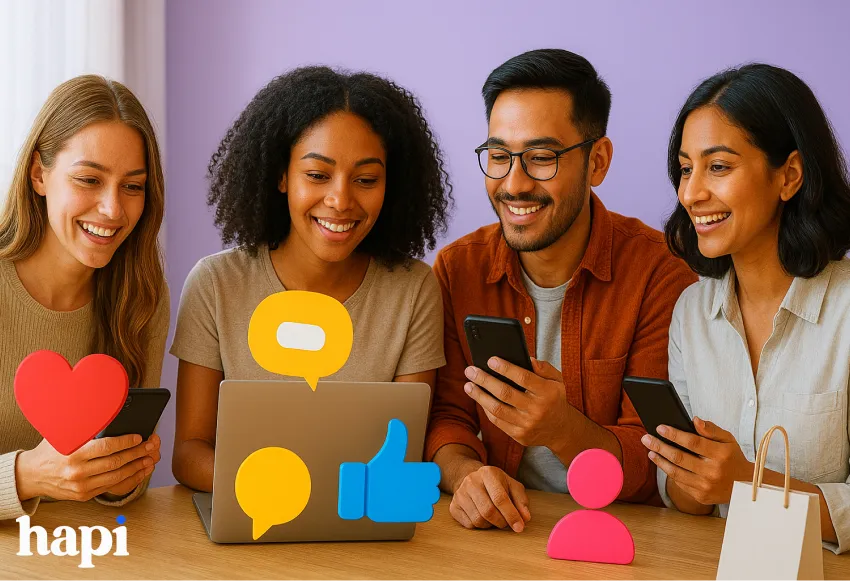 4 people (influencers) working together on their phones