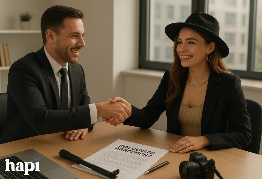 An influencer signing a contract and shaking hands with a legal representative