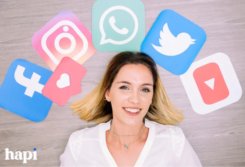 a blond woman with different social media platform logos over her head
