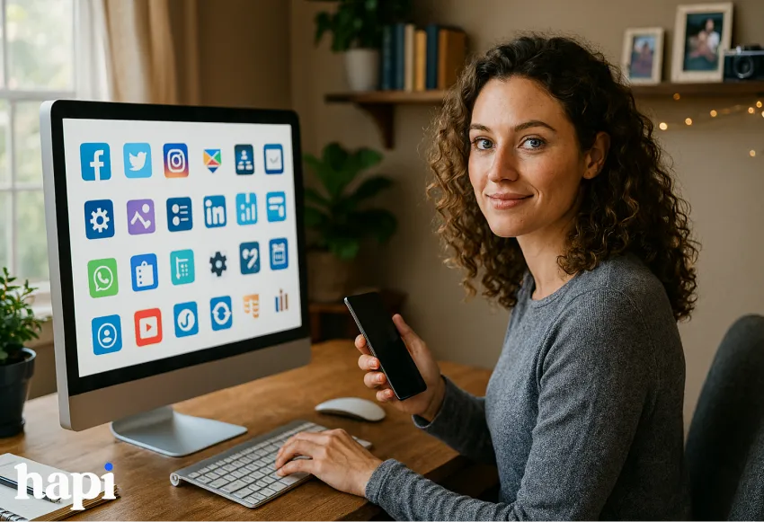 a curley haired woman in a home office working on her computer