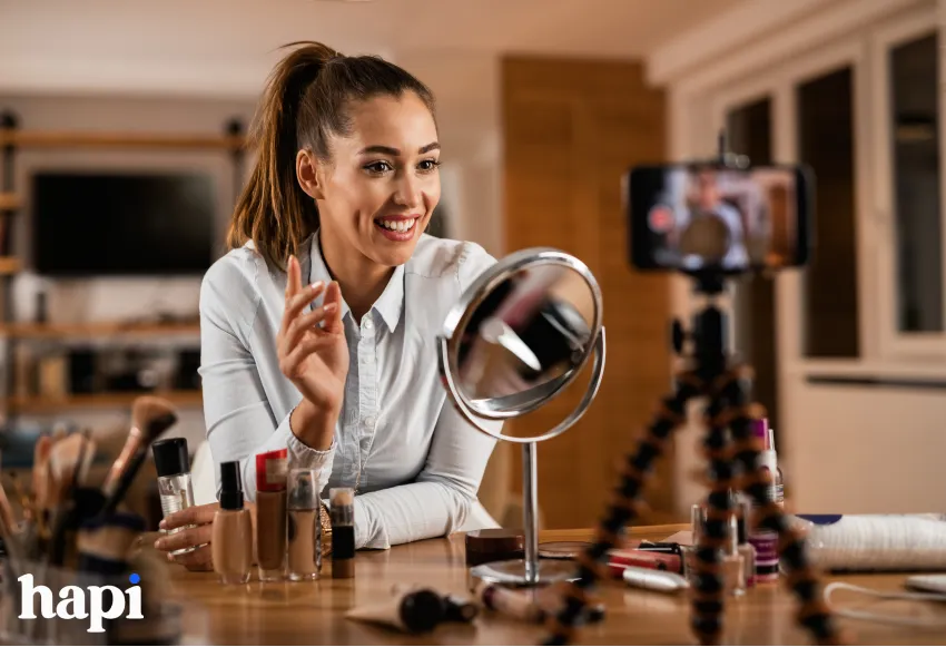 A brown haired influencer talking about make up in front of a camera set up