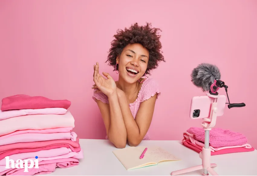 A curly haired influencer with a pink background talking to a phones and microphone set up