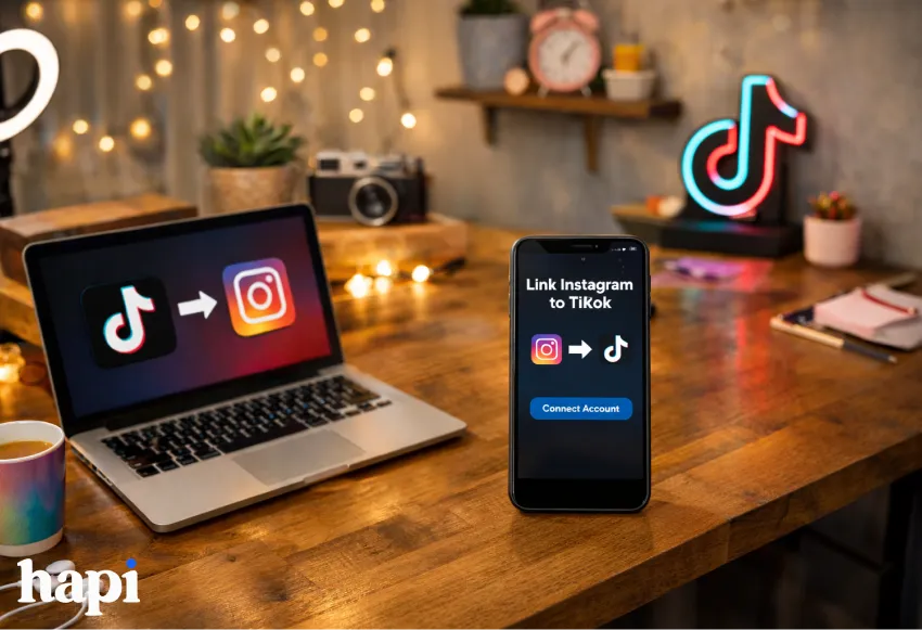 A wooden desk with a phone and laptop facing the viewer. On the phone screen it reads "Link Instagram to TikTok" 