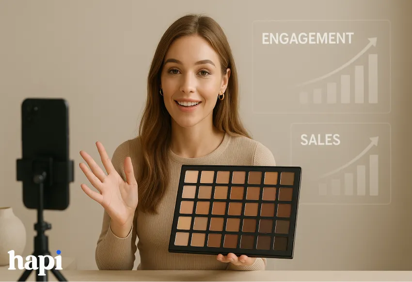 a woman filming a reaction video about an eye shadow palette with two graphs showing high engagements and sales