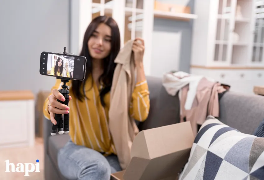 a young woman with long black hair filming an unboxing video of different clothing items