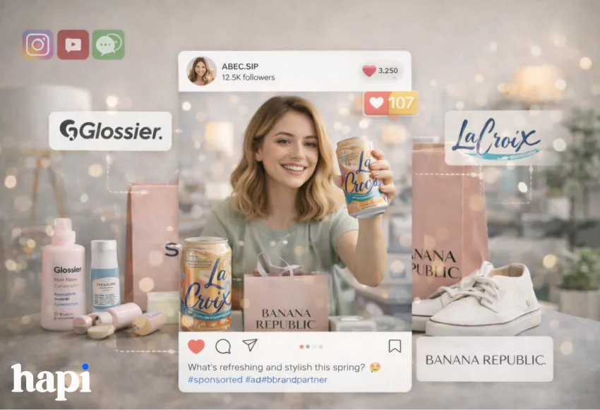 a blond influencer showcasing a beverage on her Instagram page with different brand names floating around her
