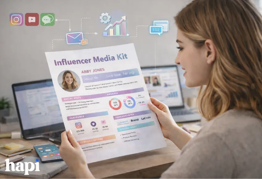 A woman looking at her media kit sitting at a desk
