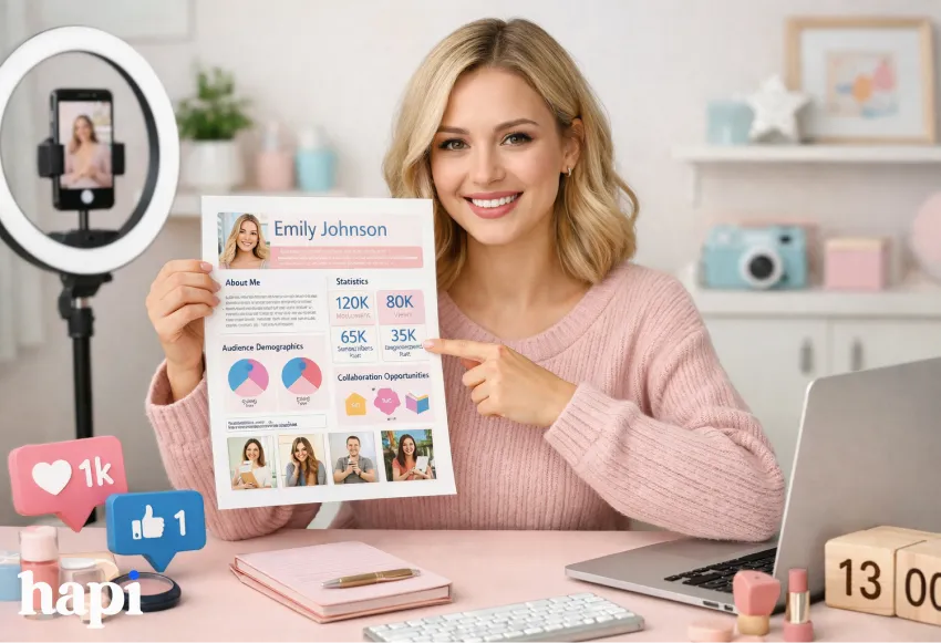 a blond haired influencer looking at her media kit (social media resume)
