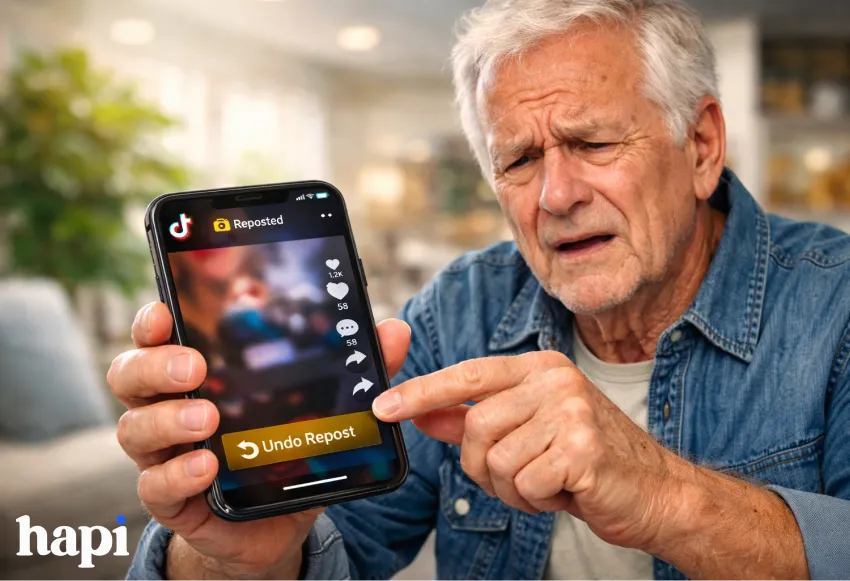 an old man showing his phone screen to the camera. TikTok is open on the phone.