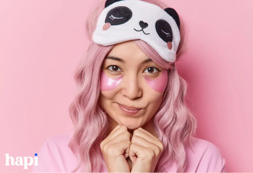 A woman with a pink background, wearing a panda sleep mask