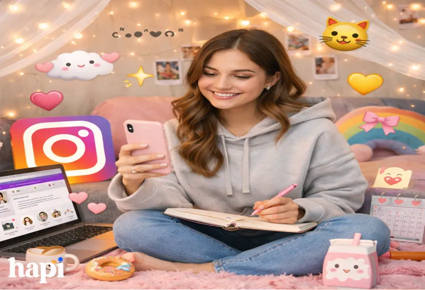 A woman in her bedroom with multiple cute elements around her, writing something on her phone