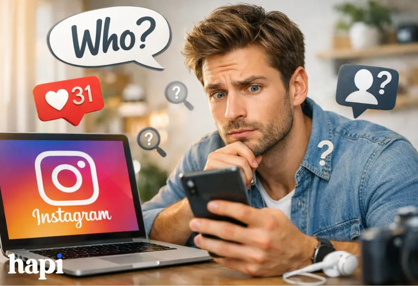 A man looking at his phone looking curious with the word "who" in a bubble above his head and a laptop on the desk showing Instagram's logo