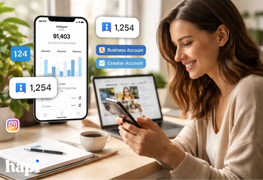 A woman with long brown hair looking at Instagram analytics and Insights