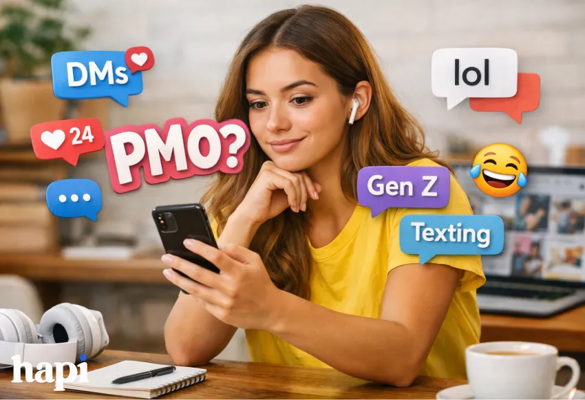 A woman with long hair looking at a phone, looking curious with the word: PMO? floating around her