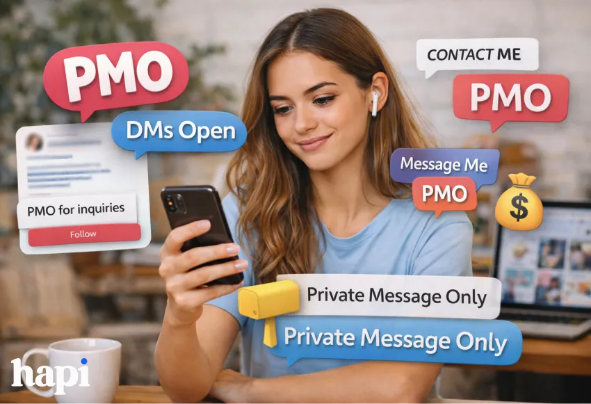 A woman looking at her phone with the words: "private message open for inquiries" 