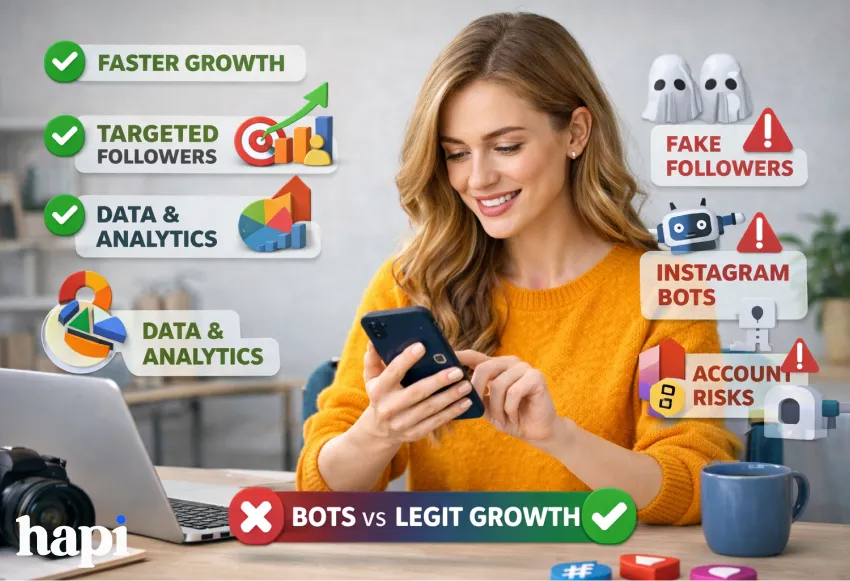 a woman looking at her phone in a home office with different Pros and Cons of Instagram promotion services written around her
