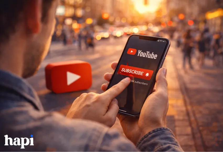 A man holding a phone hitting the subscribe button on his phone