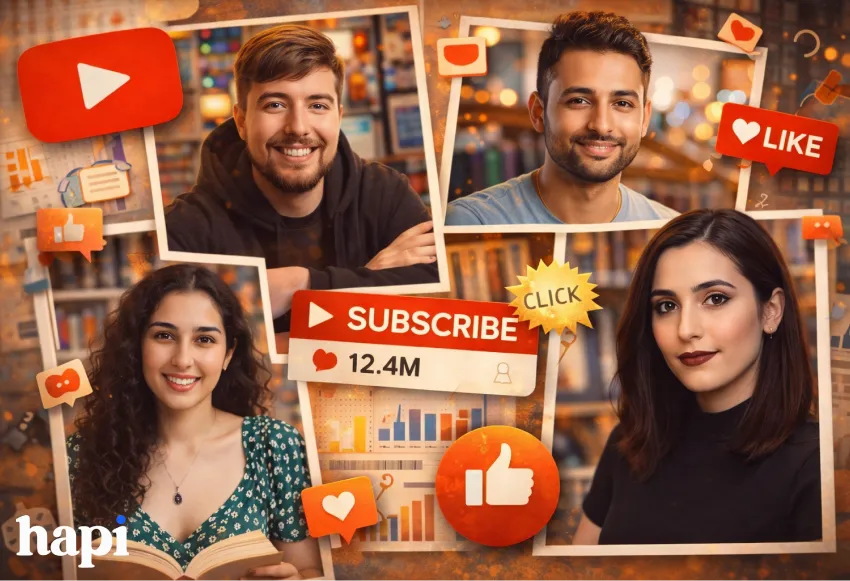 collage of MrBeast, MrWhoseTheBoss, A Clockwork Reader, Safiya Nygaard