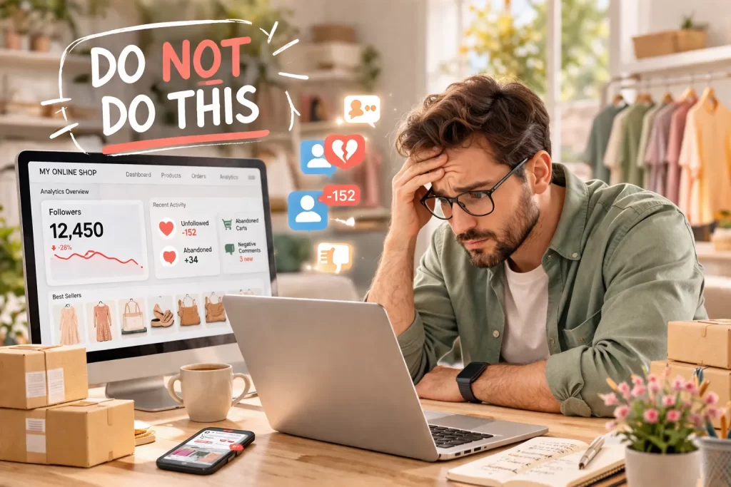 an ecommerce brand owner worrying about mistakes leading to his online shop losing followers...show him being concerned with the sentence: DO NOT DO THIS
