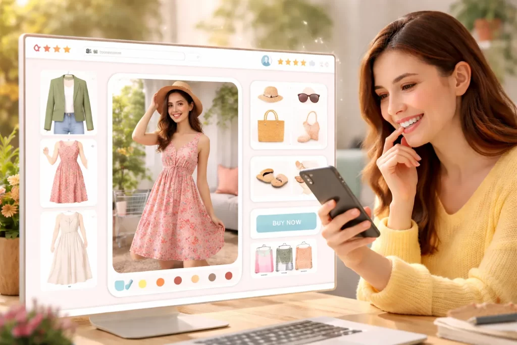 he image is of a website page where a girl is trying on clothes on a picture of herself