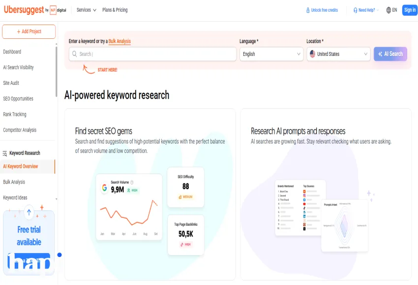 The homepage of Ubersuggest