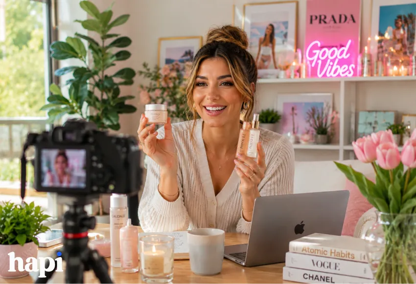 A smiling female influencer films branded skincare content inside a bright, spring-inspired creator studio filled with pastel colors, plants, tulips, and stylish décor. Natural sunlight, luxury brand elements, camera equipment, and a cozy modern workspace create a vivid, hyperrealistic atmosphere that perfectly represents influencer marketing, brand mentions, audience engagement, and creator authority.