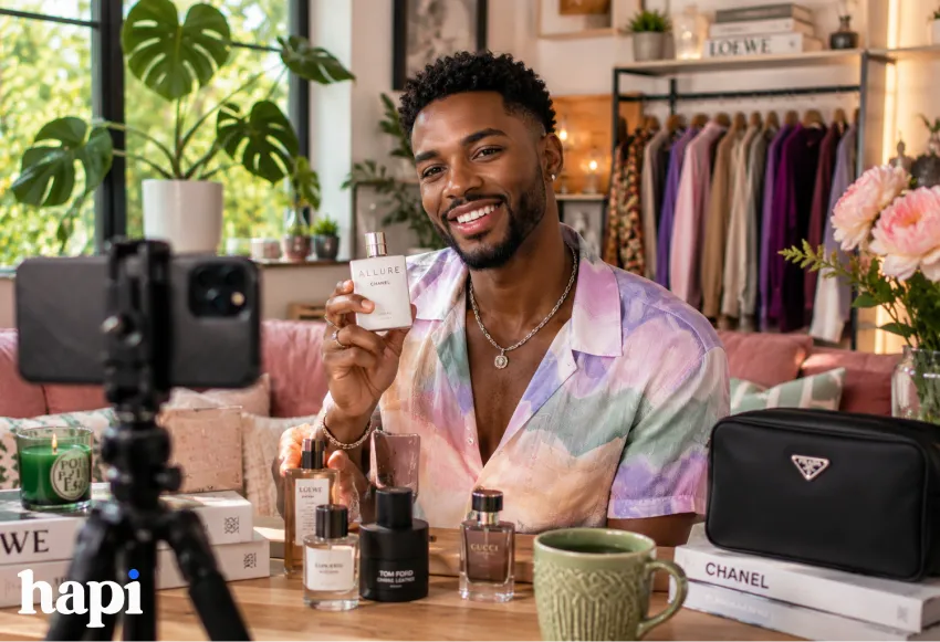 A stylish Black male influencer smiles while filming luxury fragrance content in a bright, spring-inspired creator studio. Surrounded by designer brands, pastel tones, flowers, fashion pieces, and professional camera equipment, the vivid hyperrealistic setting captures modern influencer culture, brand authority, authenticity, and social media marketing with a polished yet warm and relatable atmosphere.