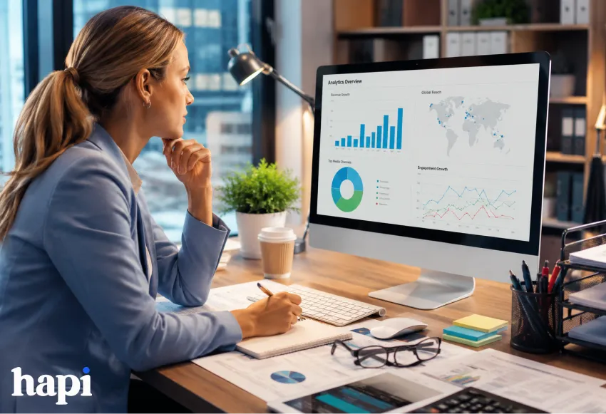 a woman looking at data on a desktop