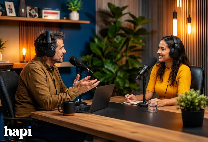 A vibrant ultra-HD podcast studio scene featuring two professionals engaged in an energetic interview conversation. High-end microphones, headphones, and a sleek wooden desk create a polished media atmosphere. Warm cinematic lighting, vivid colors, indoor plants, and modern acoustic panels enhance the detailed background, symbolizing authority, storytelling, brand growth, and successful podcast PR initiatives.