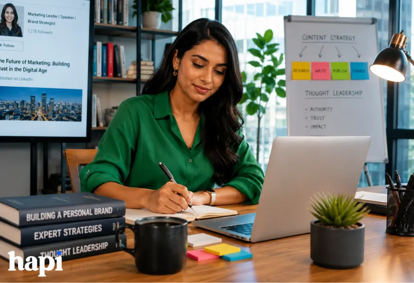 a woman in an office studying leadership