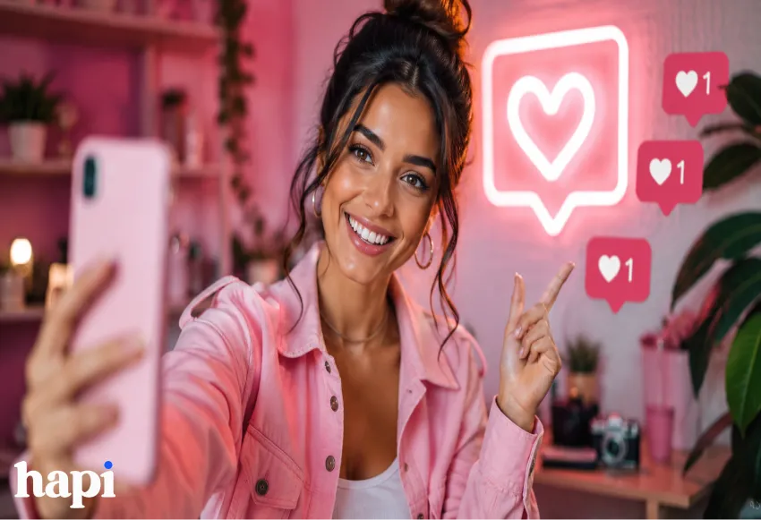 A woman taking a selfie with Instagram's heart symbols behind her