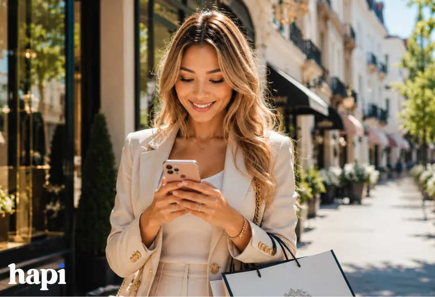 blond Asian woman walking in the street typing on her phone