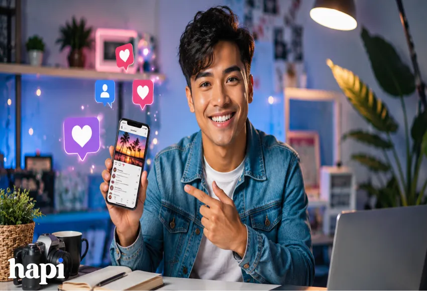 A man showing his phone to the views with a post with multiple likes