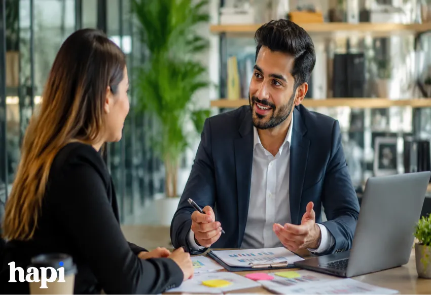 Two people talking together, a man and a woman in an office setting