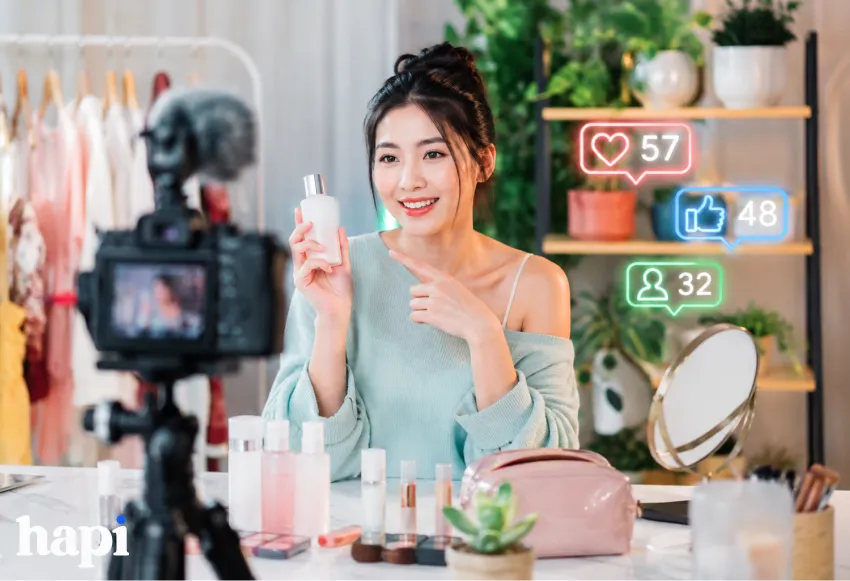 an influencer with dark red hair introducing a skincare product