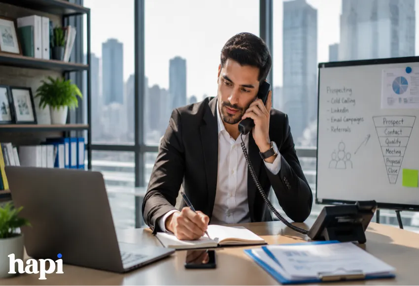 A man working an office, looking for Customers online