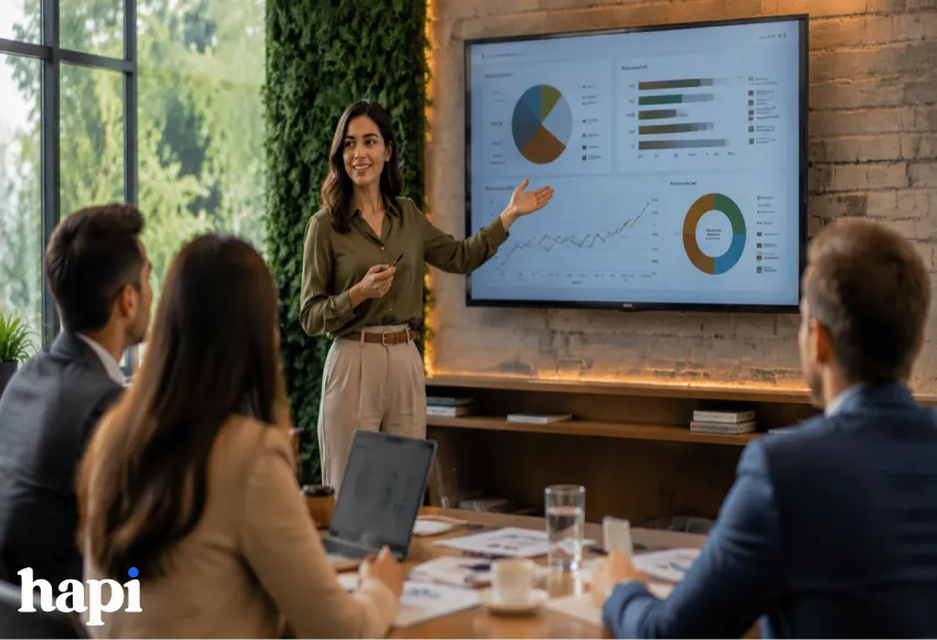 a woman doing a sale's pitch in front of three other people in a conference room